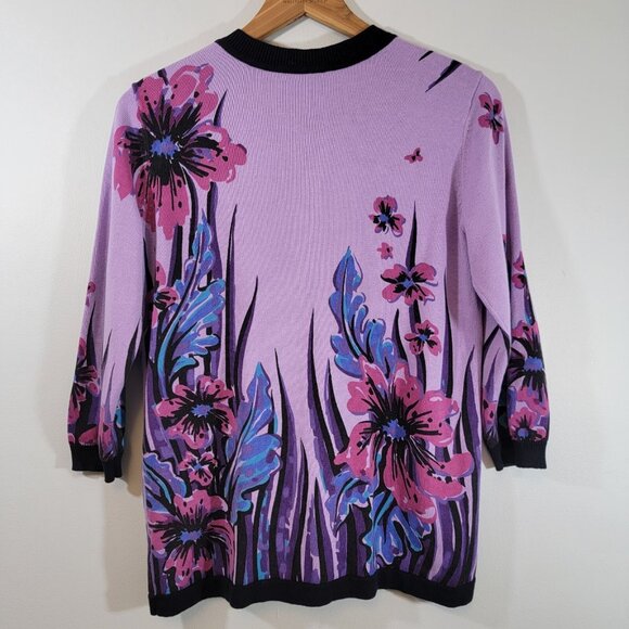 Bob Mackie Wearable Art Cardigan Womens XS Purple Floral 3/4 Sleeve Cotton Blend - Picture 2 of 6